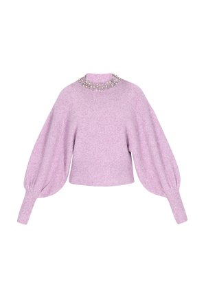 Lilafarbenes Sweatshirt mit langen puffartigen Ärmeln, gerippten Bündchen und Saum sowie einem dekorativen Kragen aus Perlen und Edelsteinen.