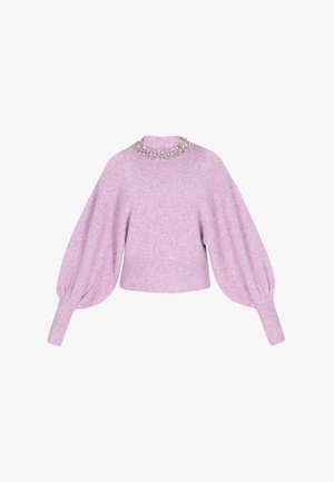 Lilla sweater med lange puffede ærmer, ribbede manchetter og kant samt en dekorativ krave med perler og ædelstene.