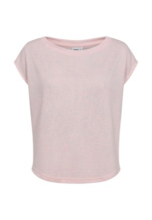 Vaaleanpunainen, lyhythihainen, lyhyt paita, jossa on pyöreä pääntie ja rento istuvuus.
