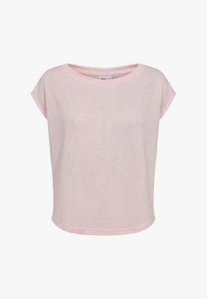 Top corto de manga corta de color rosa claro con escote redondo y ajuste holgado.