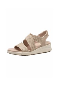 Beige gewebte Sandalen mit Kreuzriemen, einer gepolsterten Innensohle und einer dicken weißen Plateausohle. Strukturelle Akzente an den Riemen und Seiten.