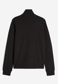 Pullover nero a maniche lunghe con collettino alto. Realizzato in tessuto morbido, presenta polsini e orlo a coste, mettendo in evidenza una forma aderente.