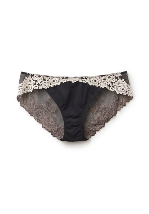 Zwarte kant onderbroek met een bloemenkant tailleband en bies, een gladde zwarte stoffen voorkant en zijden van geruit patroon van kant.