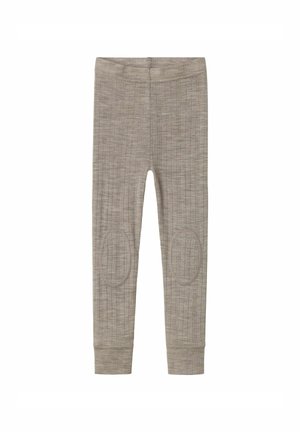 Grau gestrickte Leggings mit einem strukturierten Muster, versehen mit verstärkten Knieakzenten und einem dehnbaren Taillenbund. Enganliegendes Design.