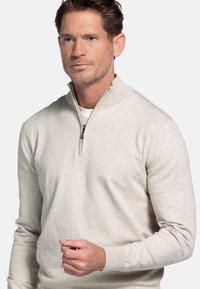 Lichtgrijze ritssweater met een staande kraag, ribbelmanchetten en een textuur gebreid patroon. Beschikt over een halve rits en een slim fit ontwerp.