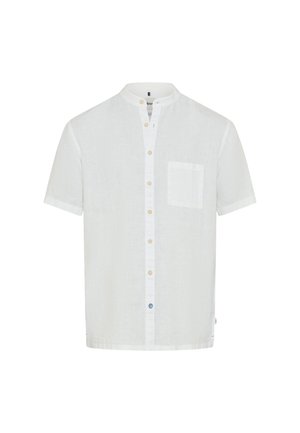 Short-sleeve white linen shirt with a mandarin collar, button front, and pocket on the left chest. Light, breathable texture.