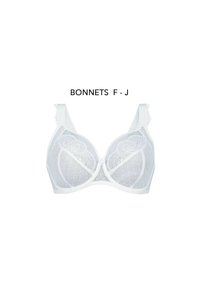 White lace bra featuring a detailed geometric pattern, elegant floral accents, and adjustable straps. Designed for cup sizes F to J.