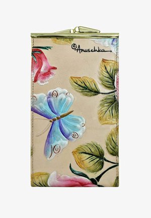 Leren portemonnee met een geschilderde blauwe vlinder en roze rozen op een beige achtergrond. Gouden sluiting en handgeschilderde details.