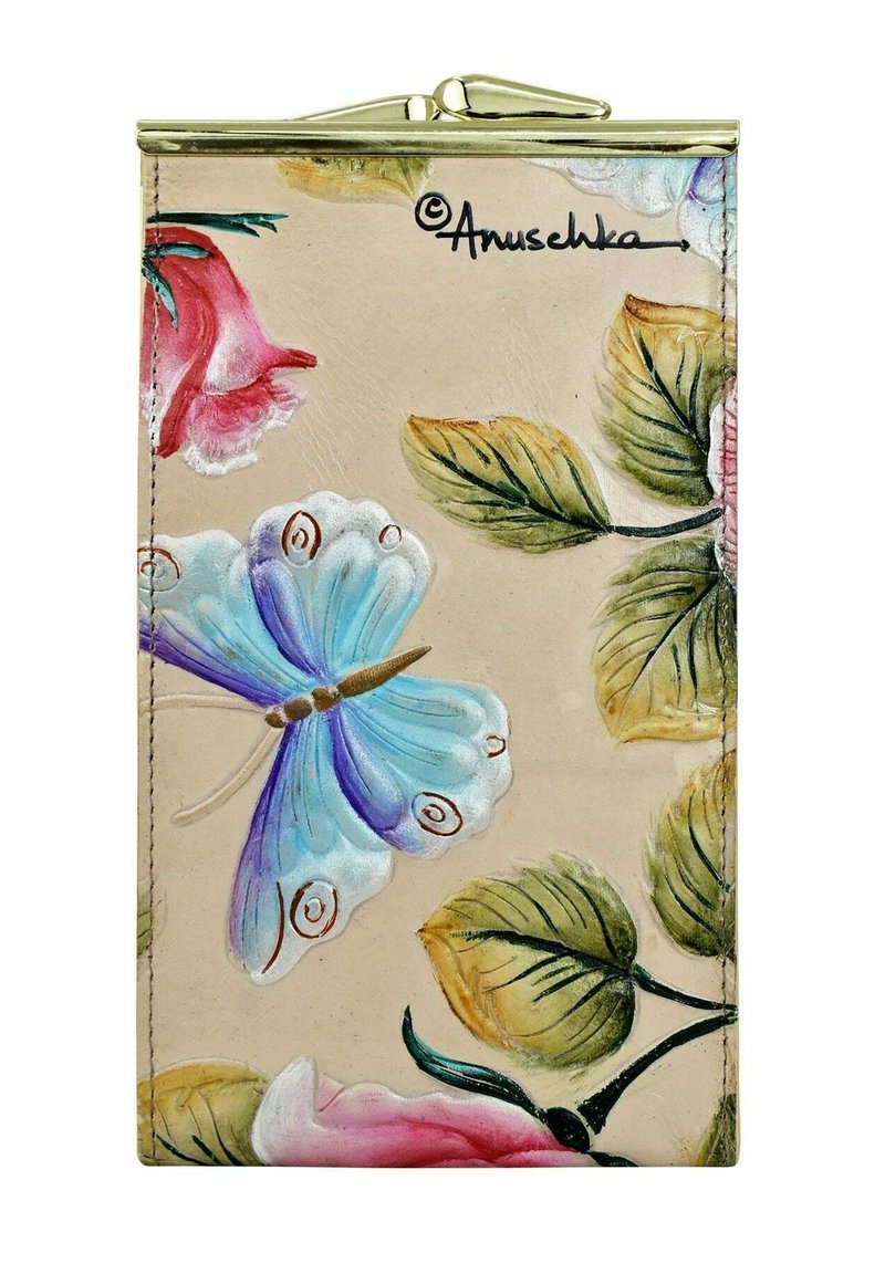 Leren portemonnee met een geschilderde blauwe vlinder en roze rozen op een beige achtergrond. Gouden sluiting en handgeschilderde details.