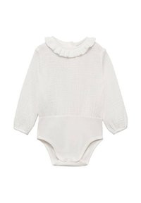 Bela dolga majica z dolgimi rokavi iz teksturirane tkanine in nabranim izrezom. Ima gladek trup in zaklep na dnu.