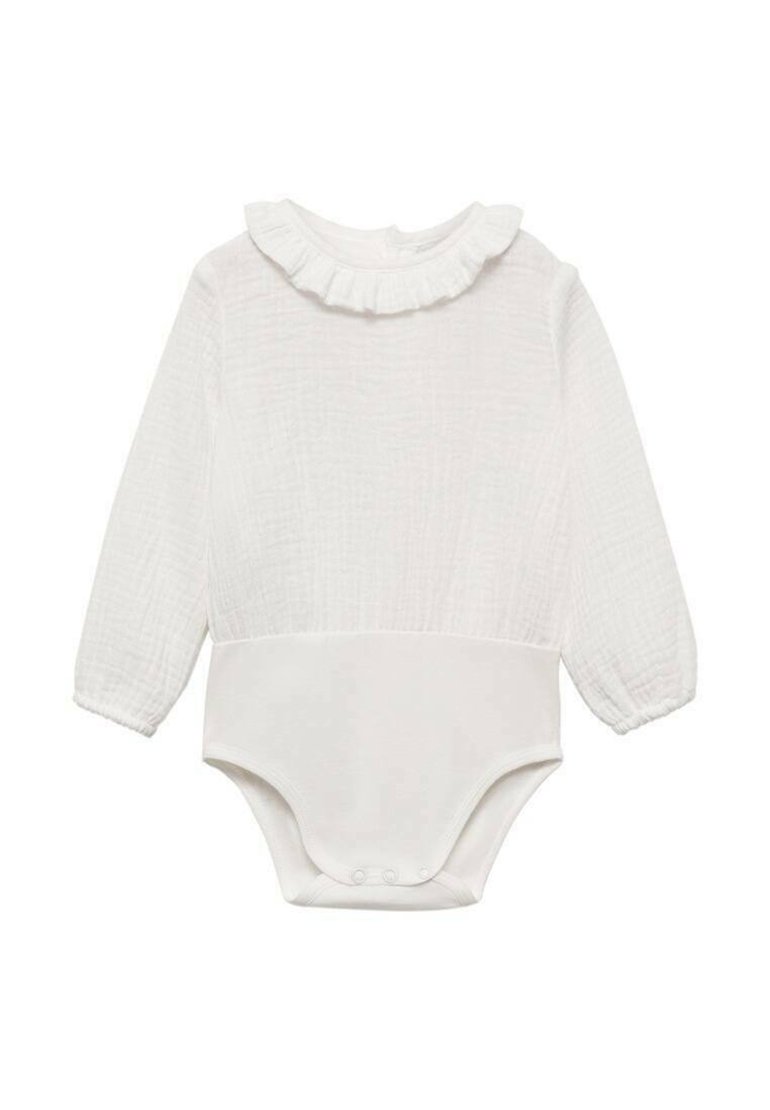 Bela dolga majica z dolgimi rokavi iz teksturirane tkanine in nabranim izrezom. Ima gladek trup in zaklep na dnu.