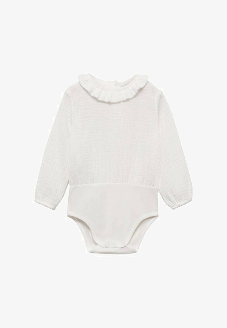 Bela dolga majica z dolgimi rokavi iz teksturirane tkanine in nabranim izrezom. Ima gladek trup in zaklep na dnu.