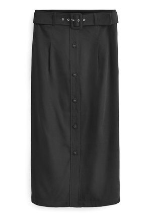 Jupe crayon midi noire avec fermeture à boutons sur le devant et ceinture assortie en tissu avec boucle rectangulaire.