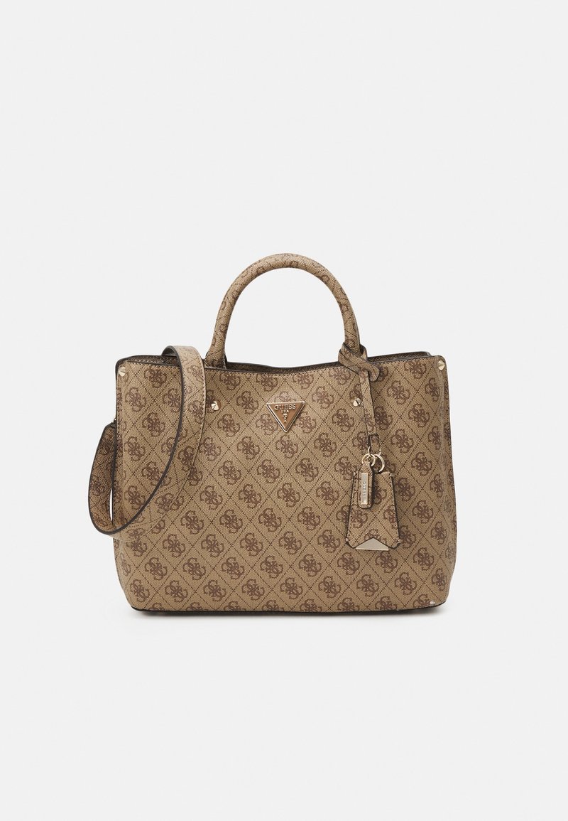 Beige tote bag with a diamond pattern, featuring brown logo motifs, dual handles, an adjustable strap, and a gold-tone logo plate.