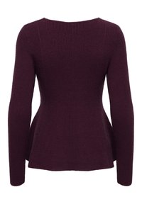 Pull côtelé violet foncé à manches longues avec un ourlet légèrement évasé, montré de dos sur fond blanc.