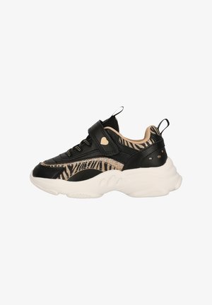 Black and gold sneakers with zebra print, textured leather, elastic laces, Velcro strap, and a chunky white sole.