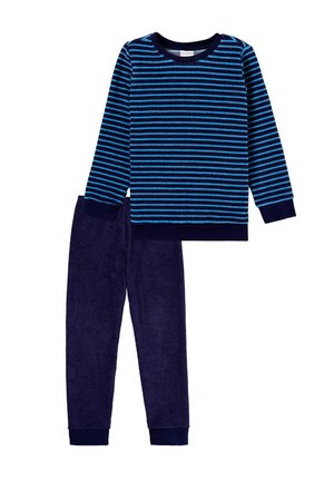 Blue and navy striped long-sleeve pajama top with round neckline, paired with solid navy fleece pants, featuring elastic cuffs for comfort.