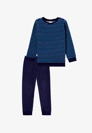 Blue and navy striped long-sleeve pajama top with round neckline, paired with solid navy fleece pants, featuring elastic cuffs for comfort.