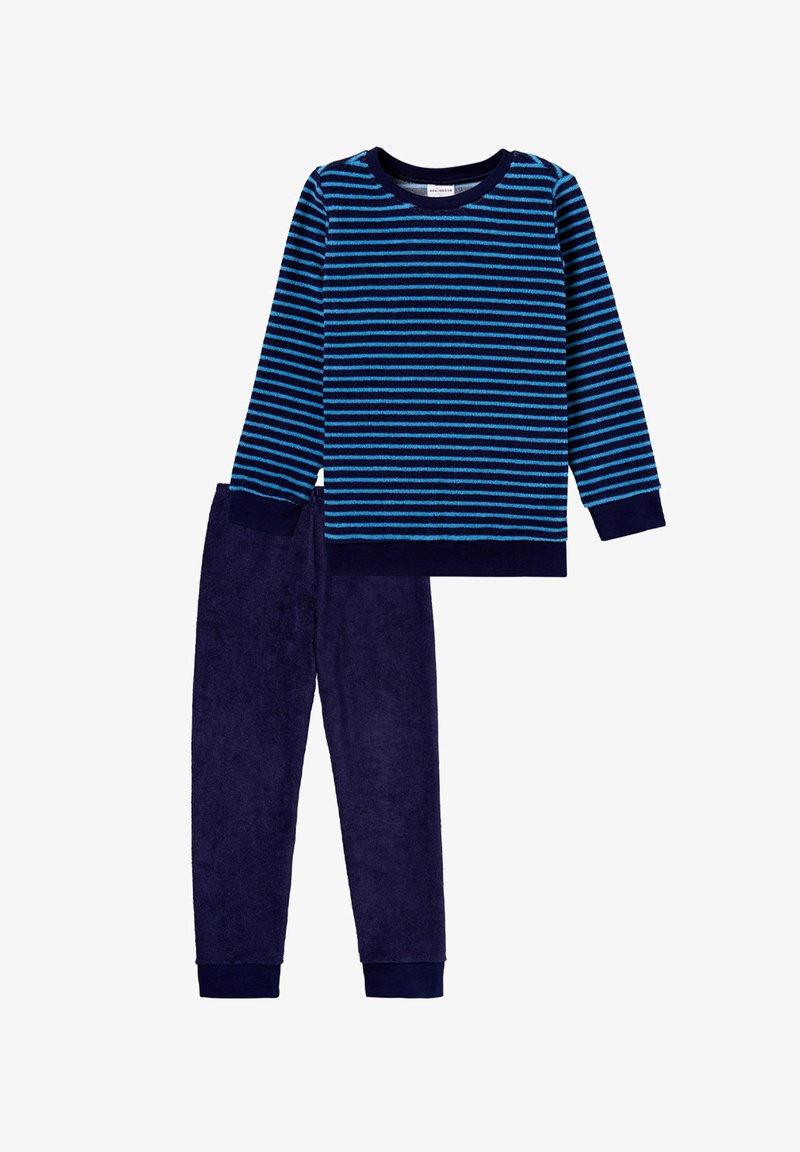 Blau- und marineblau gestreiftes Langarm-Pyjamaoberteil mit rundem Halsausschnitt, kombiniert mit einfarbigen marineblauen Fleecehosen, die elastische Bündchen für zusätzlichen Komfort aufweisen.