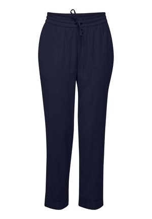 Tengerészkék nadrág, rugalmas derékrésszel és állítható zsinórral. Egyenes lábvonal, szegélyezett szegéllyel. Puha, könnyű anyag.