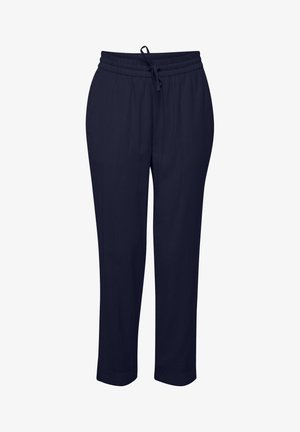 Tengerészkék nadrág, rugalmas derékrésszel és állítható zsinórral. Egyenes lábvonal, szegélyezett szegéllyel. Puha, könnyű anyag.