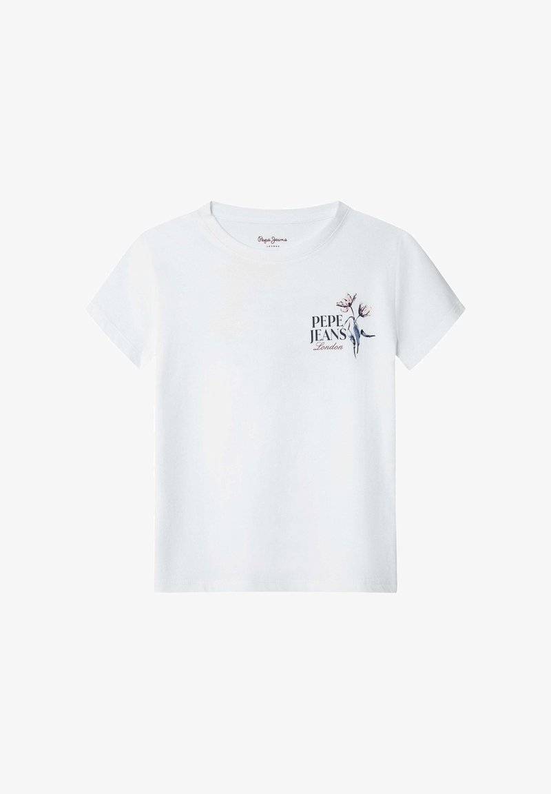 T-shirt en coton blanc avec un col rond et des manches courtes, arborant un logo imprimé et un motif floral sur le côté gauche.