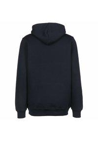 Hoodie marine avec une poche kangourou, manches longues, poignets et ourlet côtelés, et une capuche avec cordon de serrage. Fabriqué en tissu doux et texturé.