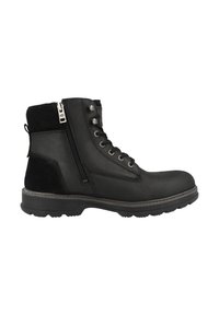 Stivale alla caviglia nero con una superficie in pelle liscia, dettagli in suede, chiusura con zip e punta rotonda. Presenta una suola robusta per una migliore aderenza.