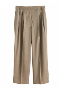 Pantalones anchos de color beige, confeccionados en tejido texturizado, con pliegues frontales y una cinturilla plana, sin bolsillos ni cierres visibles.