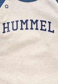 Grå bomulds skjorte med blå raglanærmer. Har stort "HUMMEL" tekst i marineblå over brystet. Trykknapdetalje ved halsudskæringen.