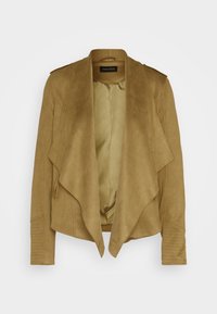 Veste en suède marron à ouverture devant, avec revers drapés, manches longues et doublure intérieure lisse, présentée à plat sur fond blanc.
