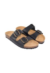 Sandalias de cuero vegano negro con dos correas ajustables con hebilla, plantilla de corcho y suela de goma texturizada. Diseño clásico de punta abierta.