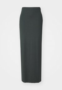 Lange, donkergrijze, rekbare maxirok met een strakke tailleband, een gladde textuur en zonder zichtbare patronen of accenten.