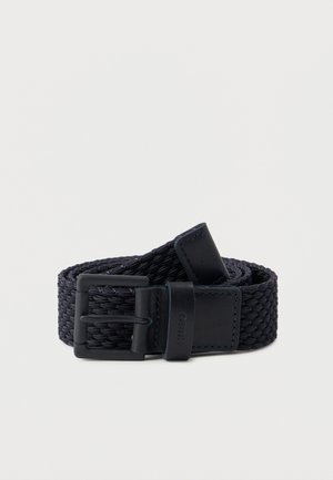 Navy woven belt with a leather buckle and end. Features a braided texture and a rectangular metal buckle for fastening. Durable and adjustable.