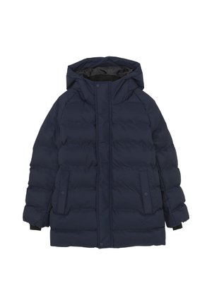 Granatowa ocieplana kurtka z kapturem, z zamkiem błyskawicznym z przodu i zapięciem na zatrzask, dwoma bocznymi kieszeniami oraz elastycznymi mankietami. Gładka tekstura.