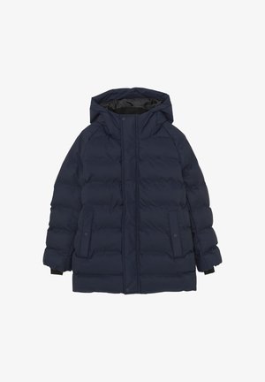 Granatowa ocieplana kurtka z kapturem, z zamkiem błyskawicznym z przodu i zapięciem na zatrzask, dwoma bocznymi kieszeniami oraz elastycznymi mankietami. Gładka tekstura.