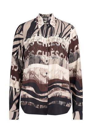 Langærmet skjorte i beige, brun og sort med abstrakte mønstre og tekst. Har en krave og knapper.