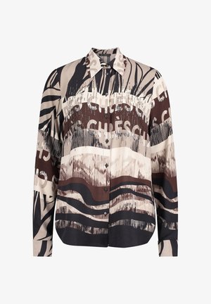 Koszula z długim rękawem w kolorach beżowym, brązowym i czarnym z abstrakcyjnymi wzorami i tekstem. Posiada kołnierzyk i zapięcia na guziki.