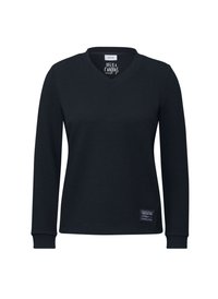 Musta pitkähihainen V-kaula-aukkoshirt, jossa on teksturoitu kangas, ribbireunat ja pieni logotagi helman lähellä. Yksinkertainen, siisti muotoilu.
