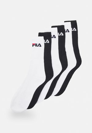 Paquet de cinq paires de chaussettes en noir et blanc. Mélange de coton, longueur mi-mollet, avec un bord côtelé et un logo sur le côté.
