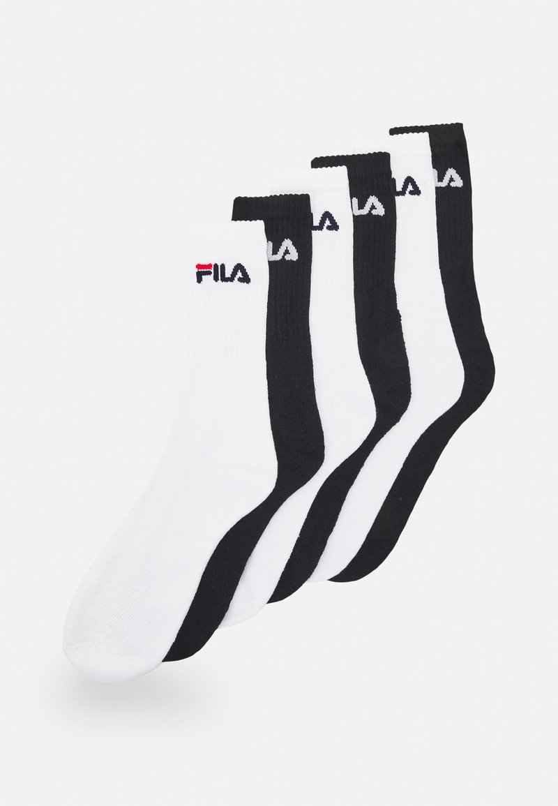 Paquet de cinq paires de chaussettes en noir et blanc. Mélange de coton, longueur mi-mollet, avec un bord côtelé et un logo sur le côté.