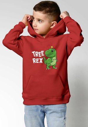 Rotes Hoodie mit einem grünen Dinosauriergrafik, umgeben von festlichen Lichtern, und dem Schriftzug "TREE REX". Aus Baumwollmaterial mit einer Tasche vorne.