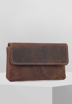 Brown leather wallet with a fold-over flap, visible stitching, embossed tree logo, and textured surface, displayed on a white pedestal.