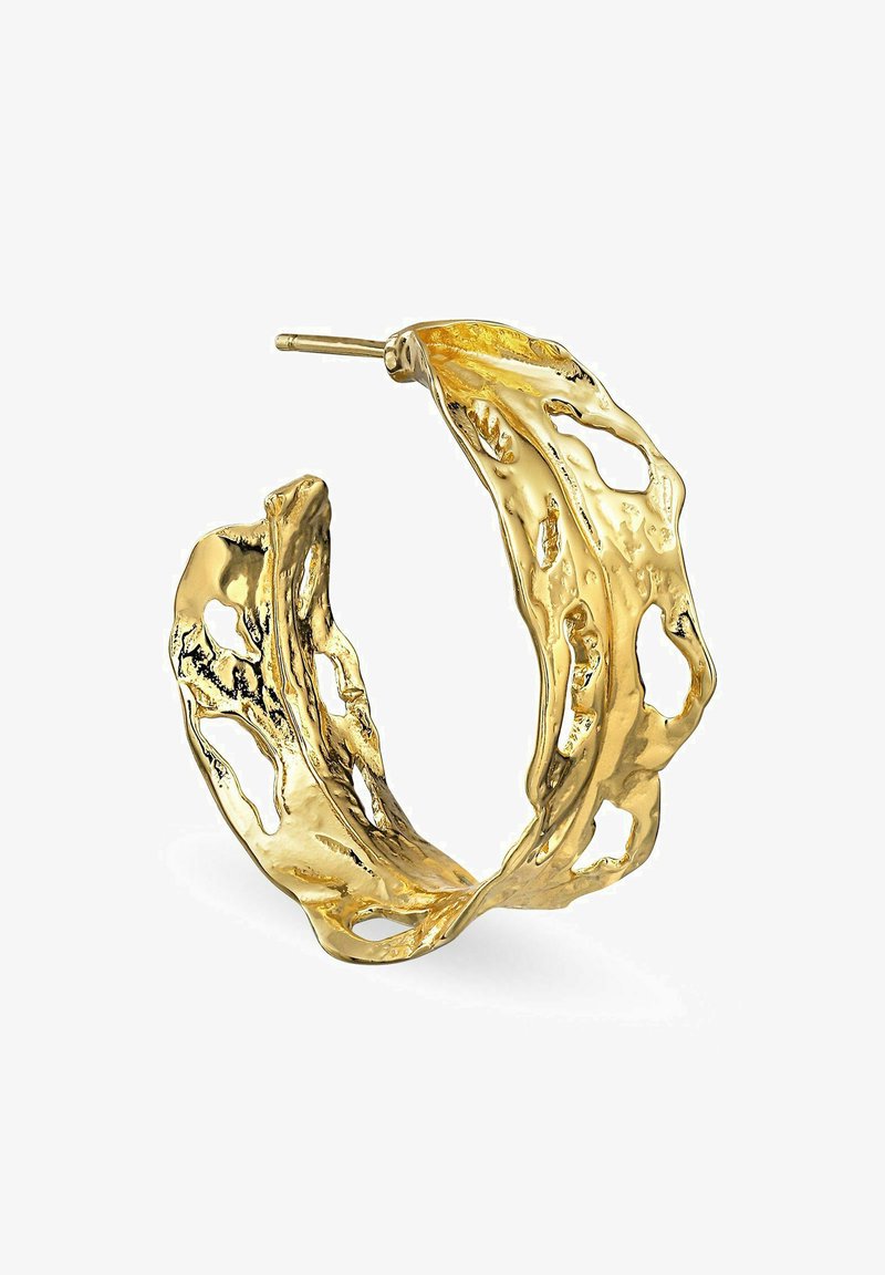 Gold hoop earring with a textured, wavy design. Features open sections creating a unique, organic form. Made from metal with a polished finish.