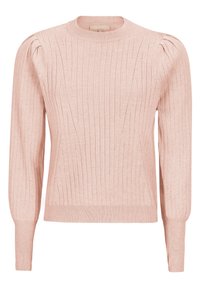 Pull côtelé rose clair à manches longues, encolure ronde, avec un léger détail épaules bouffantes. Texture douce avec une coupe ajustée.