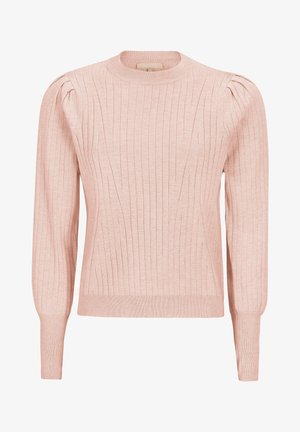 Pull côtelé rose clair à manches longues, encolure ronde, avec un léger détail épaules bouffantes. Texture douce avec une coupe ajustée.