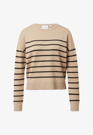 Beżowy sweter z ciemnobrązowymi pionowymi paskami, prążkowanym okrągłym dekoltem i ściągaczem na dole. Miękka tekstura i luźny krój z długimi rękawami.