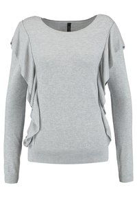 Maglione grigio a maniche lunghe con finitura testurizzata, caratterizzato da dettagli a volant sui lati e scollo arrotondato. Polsini e orlo a coste.