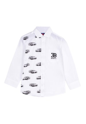 Weißes langärmeliges Hemd zum Zumachen mit schwarzen Autoskizzen auf der linken Seite und dem "EB Bugatti"-Logo auf der rechten Brusttasche.