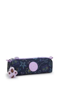 Paarse en marineblauwe etui met ster- en sterrenbeeldpatronen, voorzien van een textuur charm en een rond logo aan de zijkant.